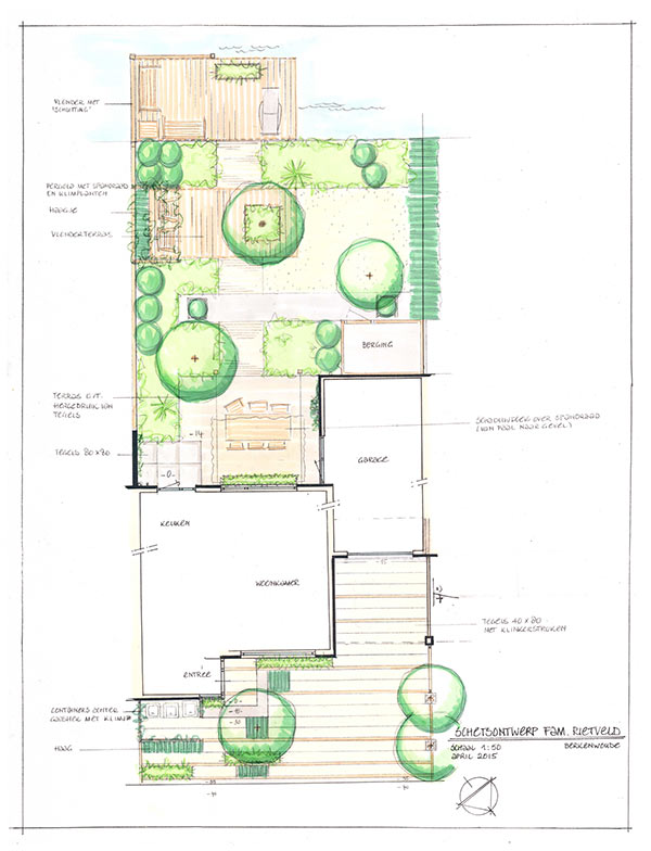 Tuin ontwerp schets voorbeeld